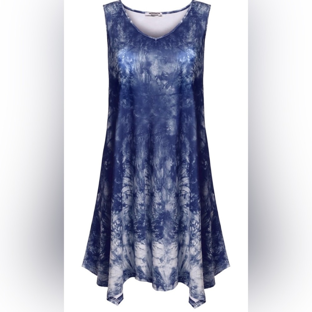 Womens V Neck Sleeveless Asymmetrical Hem Solid Tie Dye Tunic Top